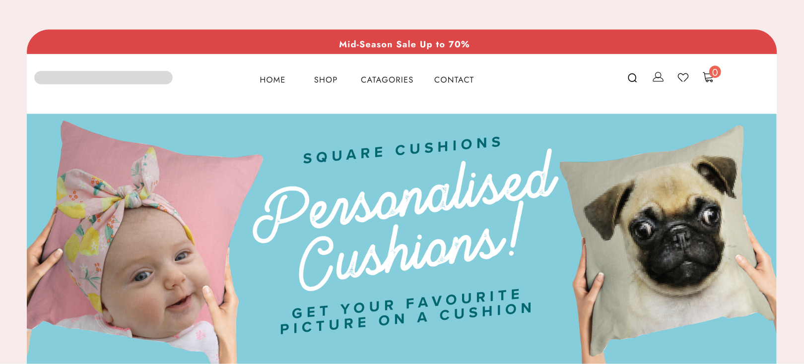 website mockup with promo banner of personalised cushions